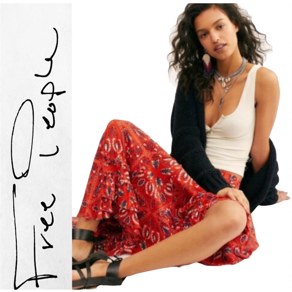 Free People FP One Cypress Red Paisley Tiered Ruffle Maxi Skirt Small Boho